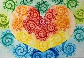 Geel hart met rode bloemblaadjes op een paarse achtergrond