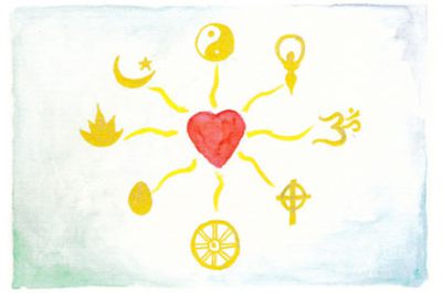 Sybolen van verschillende geloven rondom een hart