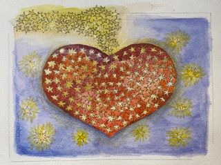 Geel hart met rode  bloemblaadjes op een paarse achtergrond