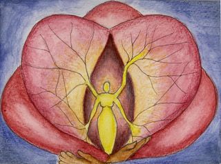 Geel hart met rode  bloemblaadjes op een paarse achtergrond