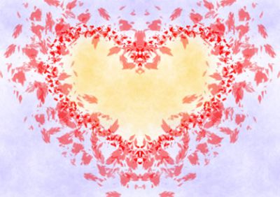 Geel hart met rode  bloemblaadjes op een paarse achtergrond
